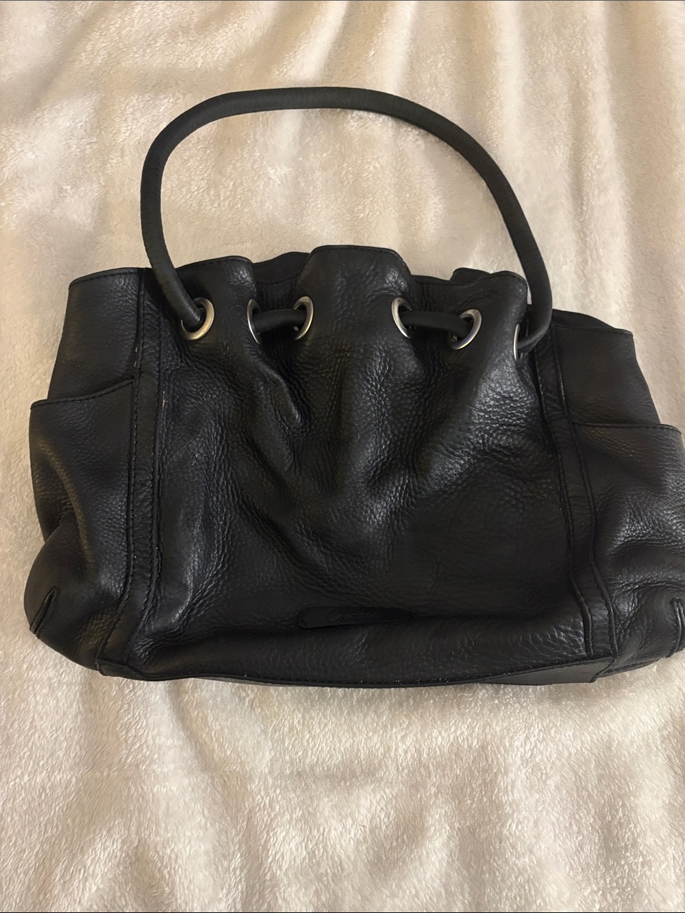 Black Leather Drawstring Shoulder Bag